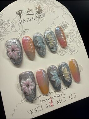 3D Pastel Ombre & Silver Glitter Floral Press-On Nails Medium